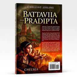 A striking and evocative book cover design for the novel 'Battavia dan Pradipta' by Chelsea Josline, capturing the essence of the Indonesian people's struggle against Dutch colonialism during the VOC period