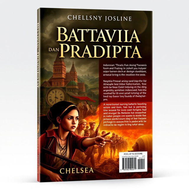 A striking and evocative book cover design for the novel 'Battavia dan Pradipta' by Chelsea Josline, capturing the essence of the Indonesian people's struggle against Dutch colonialism during the VOC period