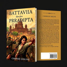 A striking and evocative book cover design for the novel 'Battavia dan Pradipta' by Chelsea Josline, capturing the essence of the Indonesian people's struggle against Dutch colonialism during the VOC period