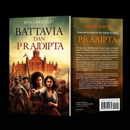 A striking and evocative book cover design for the novel 'Battavia dan Pradipta' by Chelsea Josline, capturing the essence of the Indonesian people's struggle against Dutch colonialism during the VOC period