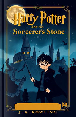 A whimsical and enchanting book cover design for 'Harry Potter and the Sorcerer's Stone' by J