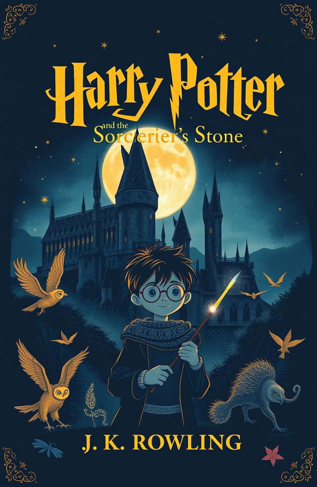 A whimsical and enchanting book cover design for 'Harry Potter and the Sorcerer's Stone' by J