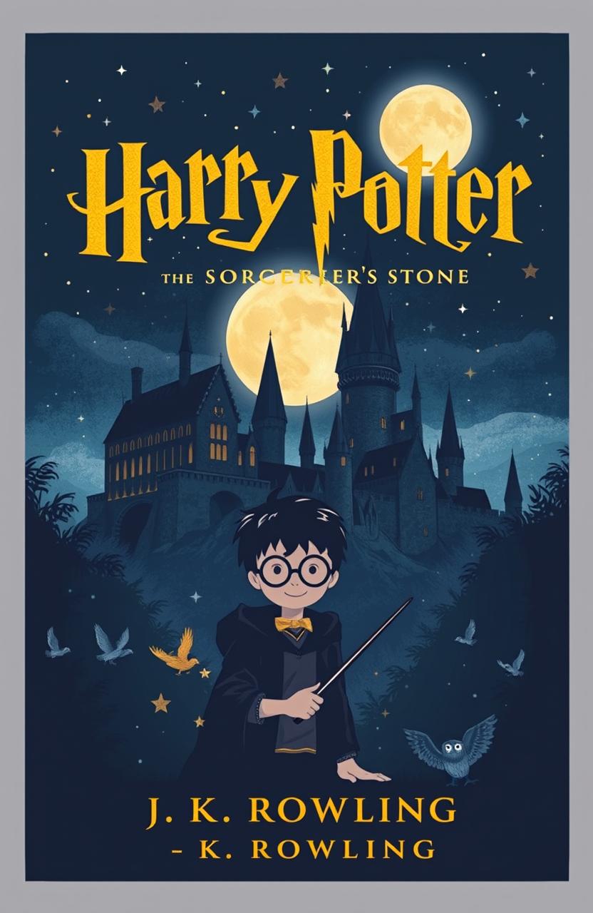 A whimsical and enchanting book cover design for 'Harry Potter and the Sorcerer's Stone' by J