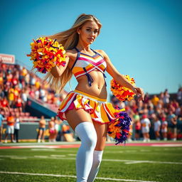 A sexy cheerleader in a vibrant, colorful cheerleading uniform, performing an energetic dance routine on a sunny outdoor football field