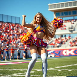 A sexy cheerleader in a vibrant, colorful cheerleading uniform, performing an energetic dance routine on a sunny outdoor football field