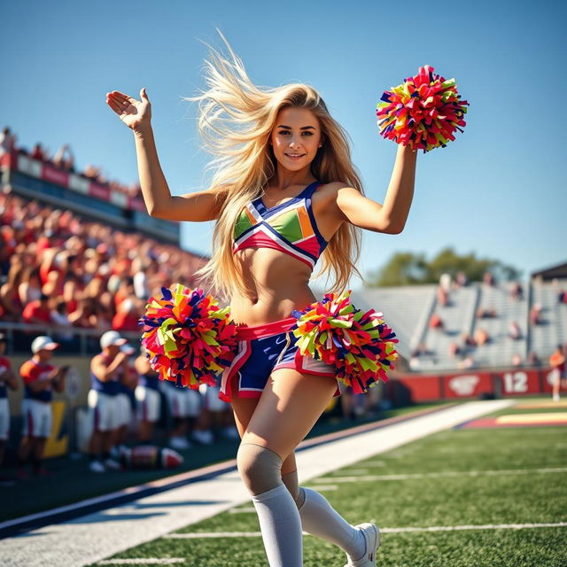 A sexy cheerleader in a vibrant, colorful cheerleading uniform, performing an energetic dance routine on a sunny outdoor football field