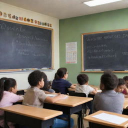 A vibrant, well-lit classroom filled with diverse students attentively listening to a passionate teacher. The blackboard exhibits the days' lesson, and educational posters adorn the walls.