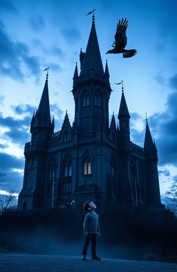 A dark blue castle with a gothic architectural style, towering against a twilight sky filled with swirling clouds