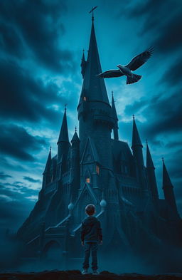 A dark blue castle with a gothic architectural style, towering against a twilight sky filled with swirling clouds