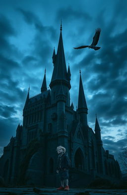 A dark blue castle with a gothic architectural style, towering against a twilight sky filled with swirling clouds