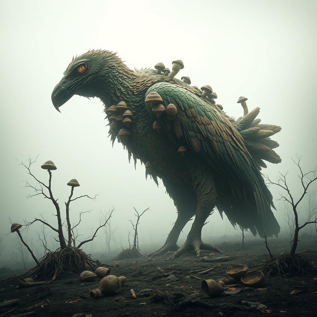 A colossal, rotting bird resembling a scavenger towers ominously against a bleak, desaturated landscape