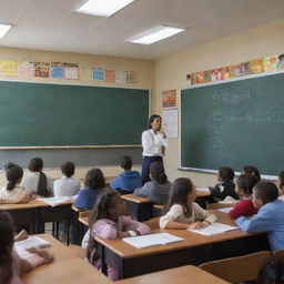 A vibrant, well-lit classroom filled with diverse students attentively listening to a passionate teacher. The blackboard exhibits the days' lesson, and educational posters adorn the walls.