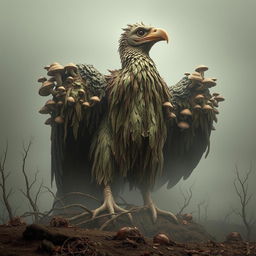 A colossal, rotting bird resembling a scavenger towers ominously against a bleak, desaturated landscape