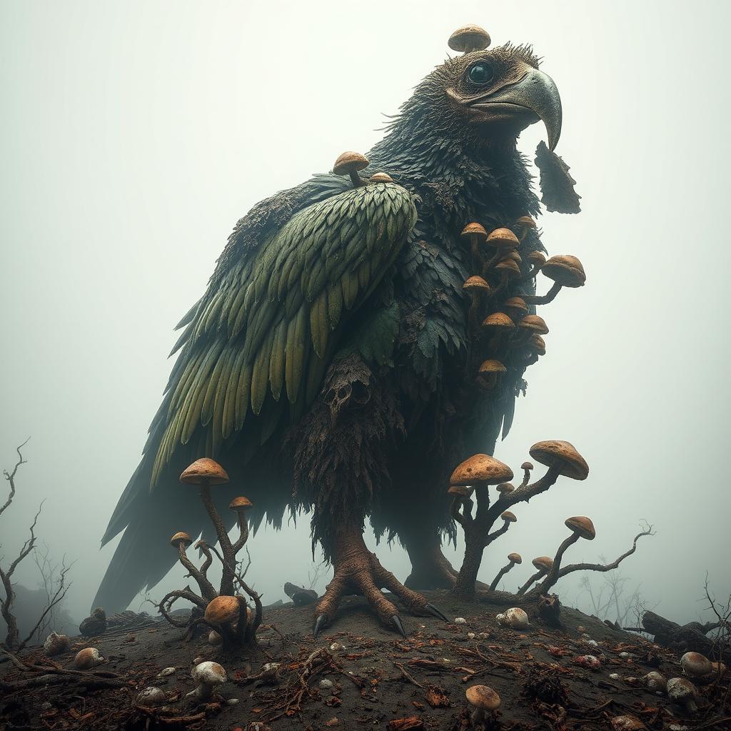 A colossal, rotting bird resembling a scavenger towers ominously against a bleak, desaturated landscape