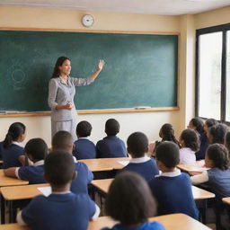 A vibrant, well-lit classroom filled with diverse students attentively listening to a passionate teacher. The blackboard exhibits the days' lesson, and educational posters adorn the walls.