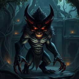 A menacing Rakshasa, depicted as a fierce and cunning demonic figure with an unsettling smile and elongated claws, stands poised in front of an ancient jungle temple