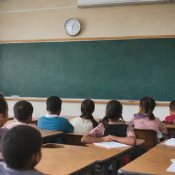 A vibrant, well-lit classroom filled with diverse students attentively listening to a passionate teacher. The blackboard exhibits the days' lesson, and educational posters adorn the walls.