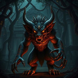 A menacing Rakshasa, depicted as a fierce and cunning demonic figure with an unsettling smile and elongated claws, stands poised in front of an ancient jungle temple