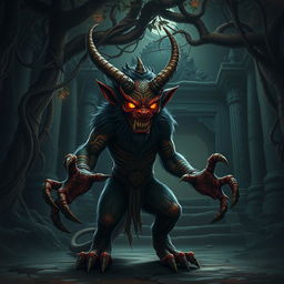 A menacing Rakshasa, depicted as a fierce and cunning demonic figure with an unsettling smile and elongated claws, stands poised in front of an ancient jungle temple