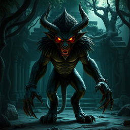 A menacing Rakshasa, depicted as a fierce and cunning demonic figure with an unsettling smile and elongated claws, stands poised in front of an ancient jungle temple