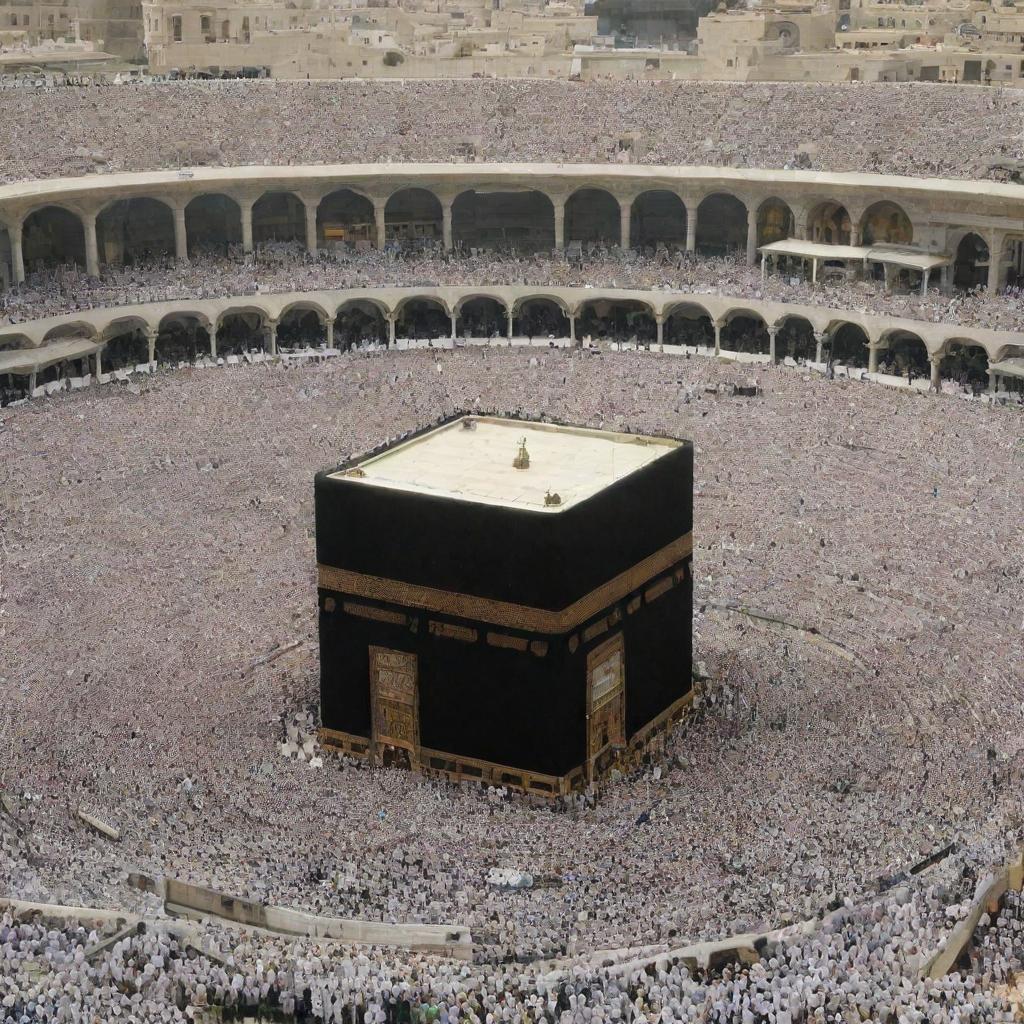 A majestic and symbolic Ka'bah in Mecca, draped in black silk, crowd of devotees participating in Hajj can be seen in the peripheral view.