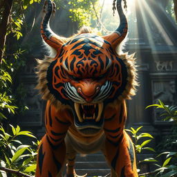 A formidable Rakshasa with a fierce tiger face stands menacingly in front of a sunlit jungle temple