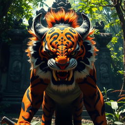 A formidable Rakshasa with a fierce tiger face stands menacingly in front of a sunlit jungle temple