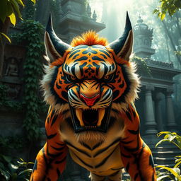 A formidable Rakshasa with a fierce tiger face stands menacingly in front of a sunlit jungle temple