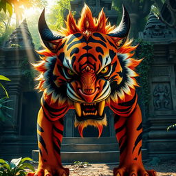 A formidable Rakshasa with a fierce tiger face stands menacingly in front of a sunlit jungle temple