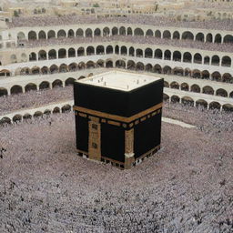 A majestic and symbolic Ka'bah in Mecca, draped in black silk, crowd of devotees participating in Hajj can be seen in the peripheral view.