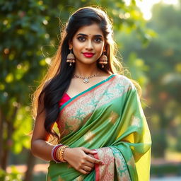 An Indian girl wearing a beautifully draped saree that accentuates her figure, showcasing subtle cleavage