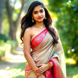 An Indian girl wearing a beautifully draped saree that accentuates her figure, showcasing subtle cleavage