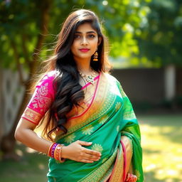 An Indian girl wearing a beautifully draped saree that accentuates her figure, showcasing subtle cleavage