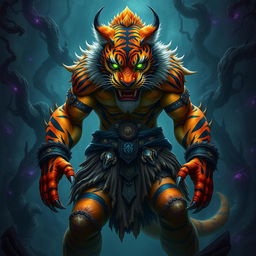 A fearsome Rakshasa depicted as a tiger-faced humanoid stands proudly, radiating an aura of malevolence