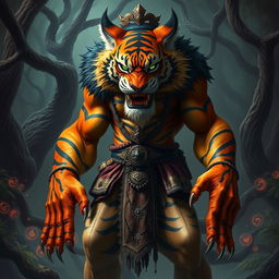 A fearsome Rakshasa depicted as a tiger-faced humanoid stands proudly, radiating an aura of malevolence