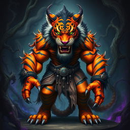 A fearsome Rakshasa depicted as a tiger-faced humanoid stands proudly, radiating an aura of malevolence