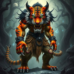 A fearsome Rakshasa depicted as a tiger-faced humanoid stands proudly, radiating an aura of malevolence