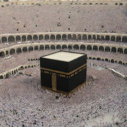 A majestic and symbolic Ka'bah in Mecca, draped in black silk, crowd of devotees participating in Hajj can be seen in the peripheral view.