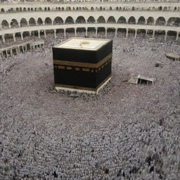 A majestic and symbolic Ka'bah in Mecca, draped in black silk, crowd of devotees participating in Hajj can be seen in the peripheral view.