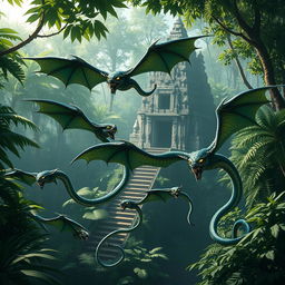 A group of Cualti, flying serpents with elongated, sinuous bodies and vibrant scales that shimmer in hues of green, blue, and black, twist through the air in a dense jungle