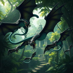 A group of Cualti, flying serpents with elongated, sinuous bodies and vibrant scales that shimmer in hues of green, blue, and black, twist through the air in a dense jungle