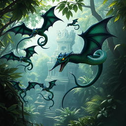 A group of Cualti, flying serpents with elongated, sinuous bodies and vibrant scales that shimmer in hues of green, blue, and black, twist through the air in a dense jungle