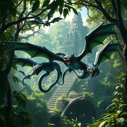 A group of Cualti, flying serpents with elongated, sinuous bodies and vibrant scales that shimmer in hues of green, blue, and black, twist through the air in a dense jungle