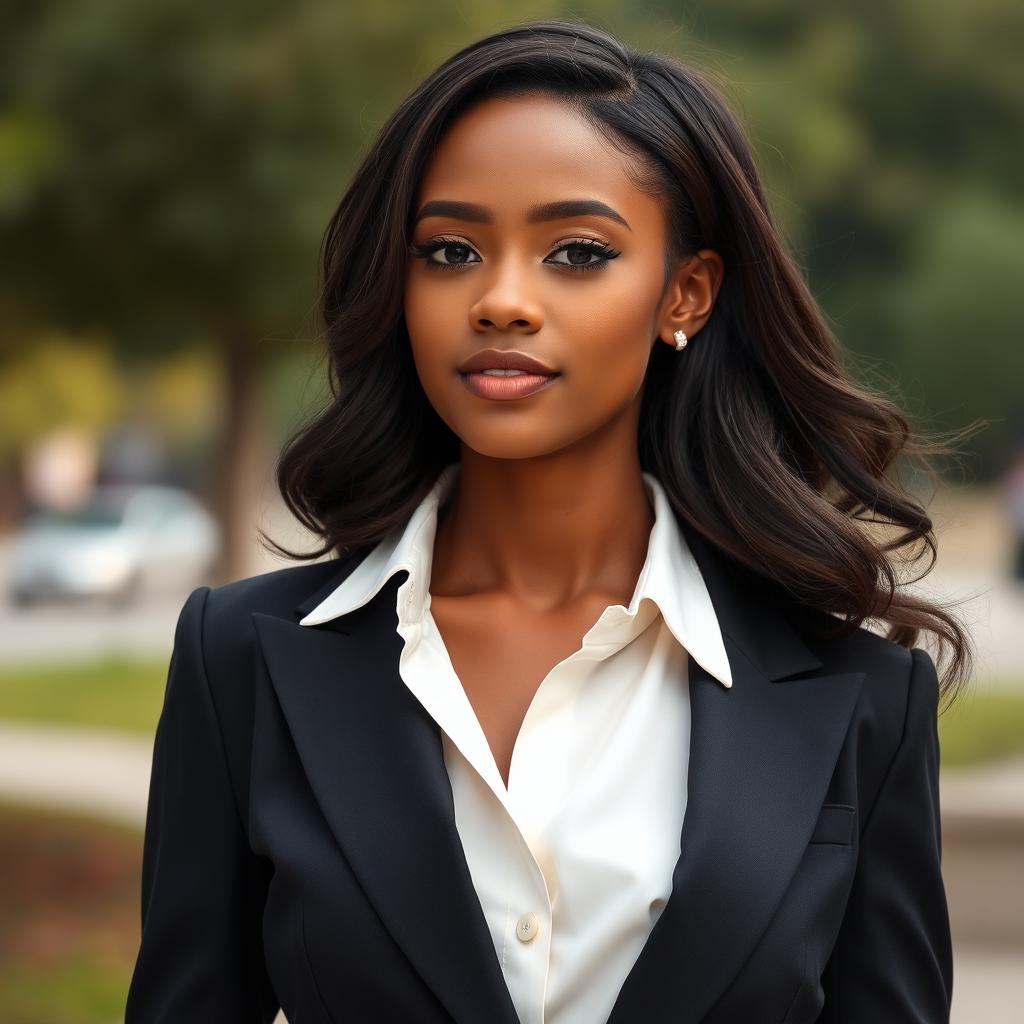 A stylish young woman with light brown skin and elegant attire, showcasing a sophisticated look