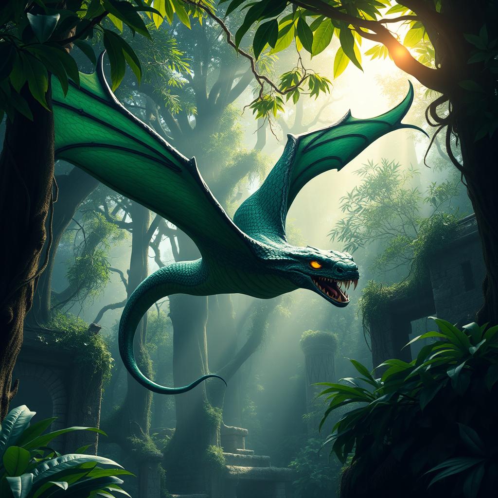 A menacing Cualti, a flying serpent with sleek, sinuous form and vibrant scales in shades of emerald green and dark sapphire, soars ominously through a jungle bathed in daylight