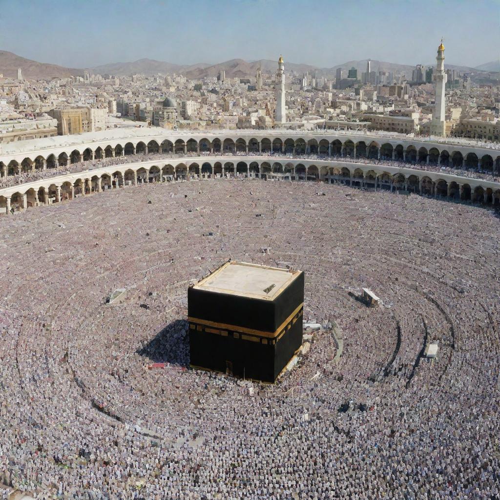 Hundreds of devoted Muslims performing Tawaf around the Ka'bah during Hajj; a testament to faith and unity, under the clear blue sky.