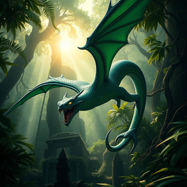 A menacing Cualti, a flying serpent with sleek, sinuous form and vibrant scales in shades of emerald green and dark sapphire, soars ominously through a jungle bathed in daylight