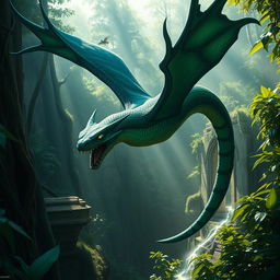 A menacing Cualti, a flying serpent with sleek, sinuous form and vibrant scales in shades of emerald green and dark sapphire, soars ominously through a jungle bathed in daylight