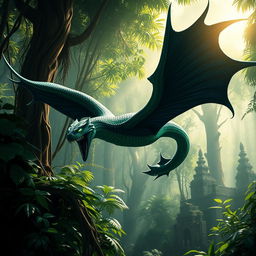 A menacing Cualti, a flying serpent with sleek, sinuous form and vibrant scales in shades of emerald green and dark sapphire, soars ominously through a jungle bathed in daylight