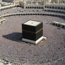 Hundreds of devoted Muslims performing Tawaf around the Ka'bah during Hajj; a testament to faith and unity, under the clear blue sky.